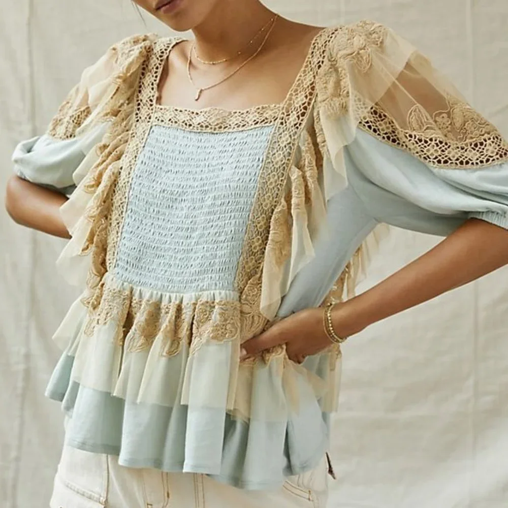 NEW Forever That Girl Women Ruffled Lace Peplum Short Sleeve Pullover Blouse - Picture 1 of 4